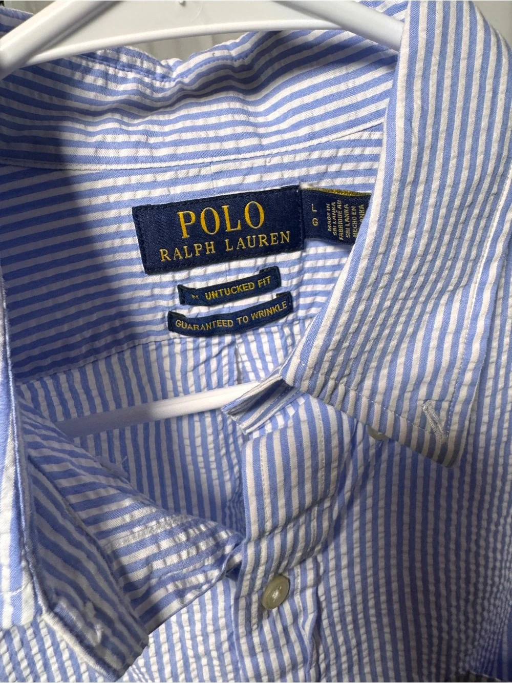 Polo Ralph Lauren Shirt Men Large Blue Untucked Fit Seersucker Short Sleeve